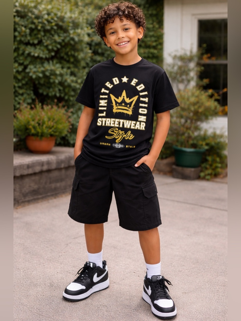 Black Streetwear 'Limited Edition' Tee & Cargo Shorts Set with Gold Graphic